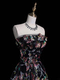 Whimsical Ball Gown Strapless Black Floral Sequin Pleated Bodice Long Prom Dresses Night Formal Dress HZ0311
