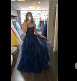 Modest Ball Gown Strapless Navy Blue Tulle Corset Princess Prom Dresses Evening Gown HZ0311