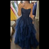Modest Ball Gown Strapless Navy Blue Tulle Corset Princess Prom Dresses Evening Gown HZ0311