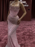 Unique Mermaid Spaghetti Straps Silver Sequin Pink Prom Dresses Long Party Dress 22th Birthday Outfits Formal Gown HZ0311