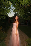 Unique A Line Strapless Blush Pink Lace Prom Dresses Long Party Dress 22th Birthday Outfits Formal Gown HZ0311
