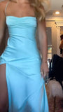 Timeless Mermaid Spaghetti Straps Blue Silk Satin Long Slit Prom Dresses Inspiration Party Dress Prom Gowns HZ0311