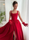 Timeless A Line Square Neck Red Satin Slit Long Prom Dresses For Teens Formal Dress Birthday Outfits Prom Gowns HZ0311