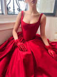 Timeless A Line Square Neck Red Satin Slit Long Prom Dresses For Teens Formal Dress Birthday Outfits Prom Gowns HZ0311