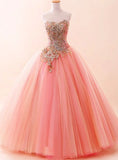 Luxury Quinceanera Dresses Ball Gown Strapless Pink Tulle Quince Gowns Vestidos De 15 Anos Formal Long Sweet 16 Dress HZ0311