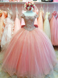 Cute Ball Gown Square Neck Light Pink Beaded Long Tulle Quinceanera Dress Sweet 15 16 Dresses HZ0311