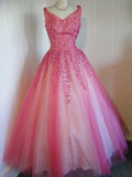 Vintage Ball Gown V Neck Pink Tulle Prom Dresses Impress Sweet 16 Birthday Outfits Prom Gown HZ0311