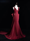 Simple Mermaid V Neck Burgundy Long Prom Dresses For Teens Formal Dress Birthday Outfits Prom Gown HZ0311