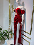 Charming Mermaid Off The Shoulder Red Satin Slit Prom Dresses Long Party Dress 21st Birthday Outfits Graduation Dress HZ0311