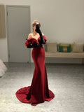 Cute Mermaid Off The Shoulder Red Velvet Prom Dresses Long Party Dress 21st Birthday Outfits Graduation Dress HZ0311