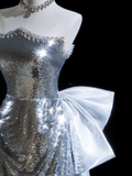 Glitter Mermaid Strapless Sequin Silver Long Prom Dresses For Teens Formal Dress Birthday Outfits Prom Gown HZ0311