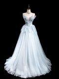 Vintage Ball Gown Strapless Light Sky Blue Tulle Long Prom Dresses For Teens Formal Dress Floor Length Prom Gown HZ0311
