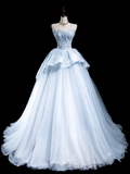 Vintage Ball Gown Strapless Light Sky Blue Tulle Pleated Long Prom Dresses For Teens Formal Dress Formal Dress Prom Gown HZ0311