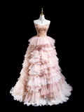 Vintage Ball Gown Strapless Light Pink Tulle Long Prom Dresses For Teens Formal Dress Floor Length Prom Gown HZ0311