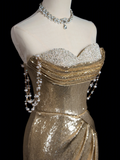 Sparkle Mermaid Sweetheart Gold Sequin Long Prom Dresses Impress 18th Birthday Outfits Prom Gown HZ0311