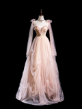 Vintage Ball Gown Spaghetti Strap Light Pink Tulle Pleated Long Prom Dresses For Teens Formal Dress Formal Dress Prom Gown HZ0311