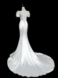 Vintage Mermaid High Neck Short Sleeves Satin Fitted Long Wedding Dress Bride Gown Wedding Dresses HZ0311