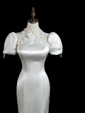 Vintage Mermaid High Neck Short Sleeves Satin Fitted Long Wedding Dress Bride Gown Wedding Dresses HZ0311
