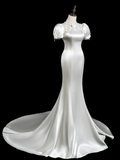 Vintage Mermaid High Neck Short Sleeves Satin Fitted Long Wedding Dress Bride Gown Wedding Dresses HZ0311