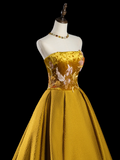 Retro Ball Gown Strapless Gold Satin Long Prom Dresses Impress 18th Birthday Outfits Prom Gown HZ0311