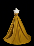 Retro Ball Gown Strapless Gold Satin Long Prom Dresses Impress 18th Birthday Outfits Prom Gown HZ0311
