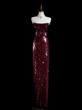 Sparkle Sheath Strapless Burgundy Sequin Long Prom Dresses Impress 18th Birthday Outfits Prom Gown HZ0311
