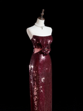 Sparkle Sheath Strapless Burgundy Sequin Long Prom Dresses Impress 18th Birthday Outfits Prom Gown HZ0311