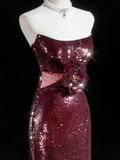Sparkle Sheath Strapless Burgundy Sequin Long Prom Dresses Impress 18th Birthday Outfits Prom Gown HZ0311