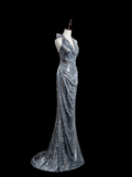 Retro Mermaid Halter Silver Sequin Long Prom Dresses Impress 18th Birthday Outfits Prom Gown HZ0311