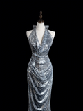 Retro Mermaid Halter Silver Sequin Long Prom Dresses Impress 18th Birthday Outfits Prom Gown HZ0311