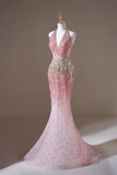 Retro Mermaid Halter Pink Sequin Long Prom Dresses Impress 19th Birthday Outfits Prom Gown HZ0311