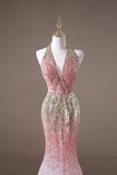 Retro Mermaid Halter Pink Sequin Long Prom Dresses Impress 19th Birthday Outfits Prom Gown HZ0311