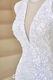 Sexy Mermaid Deep V Neck White Sequin Long Prom Dresses Impress 19th Birthday Outfits Prom Gown HZ0311