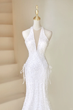 Sexy Mermaid Deep V Neck White Sequin Long Prom Dresses Impress 19th Birthday Outfits Prom Gown HZ0311