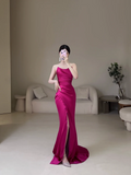 Retro Mermaid Strapless Fuchsia Pink Satin Slit Long Prom Dresses Impress 19th Birthday Outfits Prom Gown HZ0311