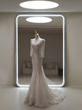 Princess Mermaid Scoop Neck Long Sleeve Sequin Lace Fitted Long Wedding Dress Bridal Gown White Wedding Dresses HZ0311