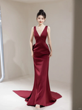 Simple Mermaid V Neck Burgundy Satin Long Prom Dresses Impress 19th Birthday Outfits Prom Gown HZ0311