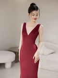 Simple Mermaid V Neck Burgundy Satin Long Prom Dresses Impress 19th Birthday Outfits Prom Gown HZ0311