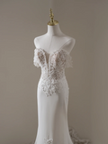 Princess Mermaid Off The Shoulder Short Sleeves Lace Fitted Long Wedding Dress Bridal Gown White Wedding Dresses HZ0311
