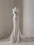 Princess Mermaid Off The Shoulder Short Sleeves Lace Fitted Long Wedding Dress Bridal Gown White Wedding Dresses HZ0311