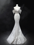 Princess Mermaid Off The Shoulder Short Sleeves Lace Sequin Fitted Long Wedding Dress Bridal Gown White Wedding Dresses HZ0311