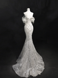 Princess Mermaid Off The Shoulder Short Sleeves Lace Sequin Fitted Long Wedding Dress Bridal Gown White Wedding Dresses HZ0311