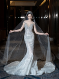 Princess Mermaid Off The Shoulder Short Sleeves Silver Sequin Fitted Long Wedding Dress Bridal Gown Wedding Dresses HZ0311