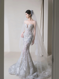 Princess Mermaid Sweetheart Silver Sequin Fitted Long Wedding Dress Bridal Gown Wedding Dresses HZ0311