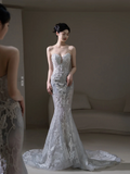 Princess Mermaid Sweetheart Silver Sequin Fitted Long Wedding Dress Bridal Gown Wedding Dresses HZ0311