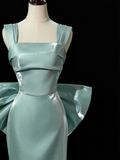 Modest Mermaid Square Neck Satin Blue Long Prom Dresses Impress 19th Birthday Outfits Prom Gown HZ0311