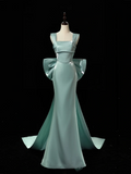 Modest Mermaid Square Neck Satin Blue Long Prom Dresses Impress 19th Birthday Outfits Prom Gown HZ0311