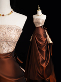 Vintage Ball Gown Strapless Brown Satin Long Prom Dresses Impress Sweet 16 Birthday Outfits Prom Gown HZ0311