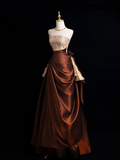 Vintage Ball Gown Strapless Brown Satin Long Prom Dresses Impress Sweet 16 Birthday Outfits Prom Gown HZ0311