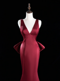 Chic Mermaid V Neck Burgundy Satin Long Prom Dresses Impress 18th Birthday Outfits Prom Gown HZ0311
